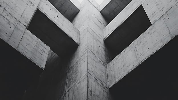 Stark Concrete Architecture with Abstract Geometric Shapes. This image captures the raw texture and bold lines of a modern concrete structure. photo