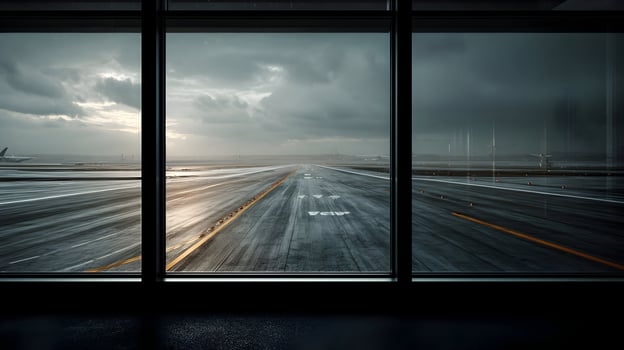 Dramatic Airport Runway View through Large Windows on a Stormy Day Reflective Surface Capturing photo