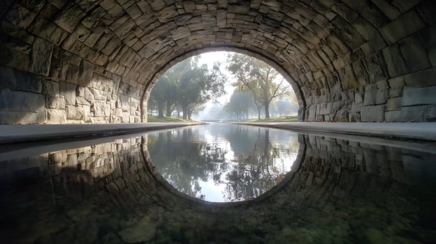 Stone archway frames misty park scene with tranquil water reflection creating a serene landscape photo