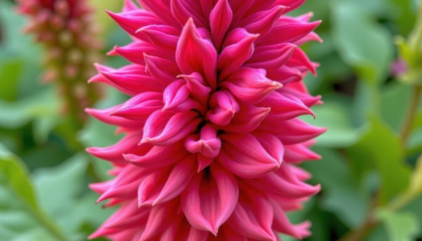 close up view of a celosia flower plume with velvety flame like textures in magenta tones. photo