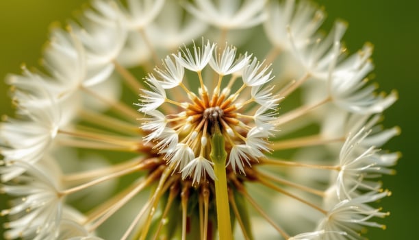 close up view of a delicate dandelion seed head poised for release into a soft breeze. photo