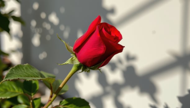 close up view of a red rose captured just before full bloom with dramatic natural shadows. photo