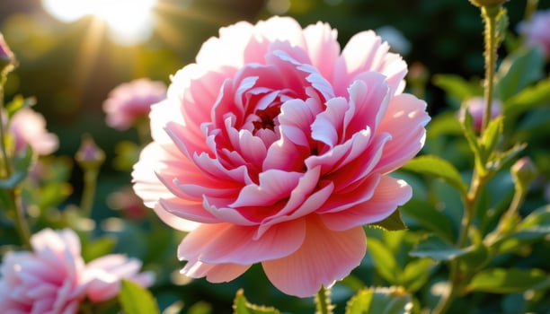 close up view of a soft pink peony with layers of ruffled petals catching warm late afternoon light. photo