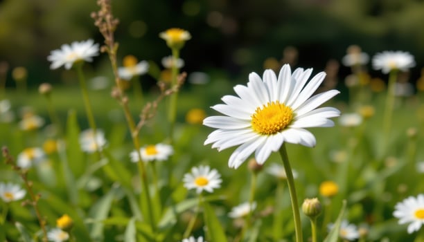 close up view of a fresh white daisy with vibrant yellow center standing tall in a sun dappled field. photo