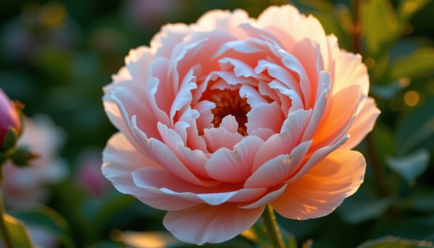 close up view of a pale pink peony with ruffled petals gently lit by golden hour light. photo