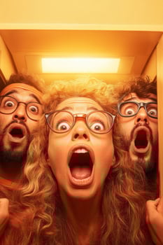 Passengers of various backgrounds experience mixed emotions trapped in an elevator during a heatwave photo