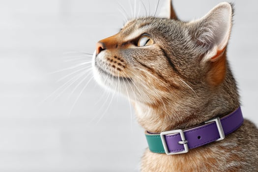 Bright isolated mockup of stylish cat collars with playful cat nearby on clean white backdrop photo