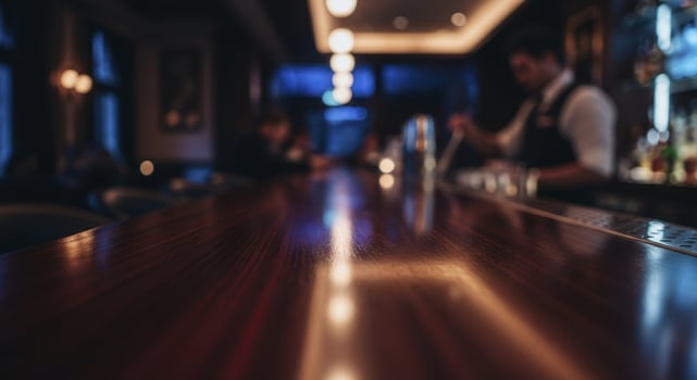 Elegant polished dark wooden bar top in focus with blurred cocktail lounge photo