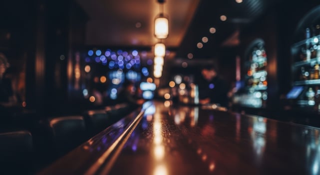 Polished dark mahogany bar top with blurred high end cocktail lounge photo