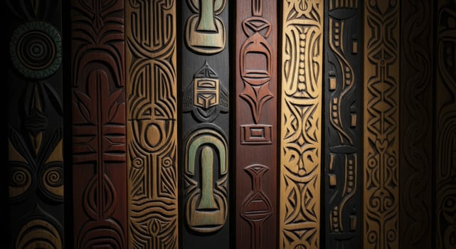 Intricately carved wooden panels with diverse tribal patterns photo