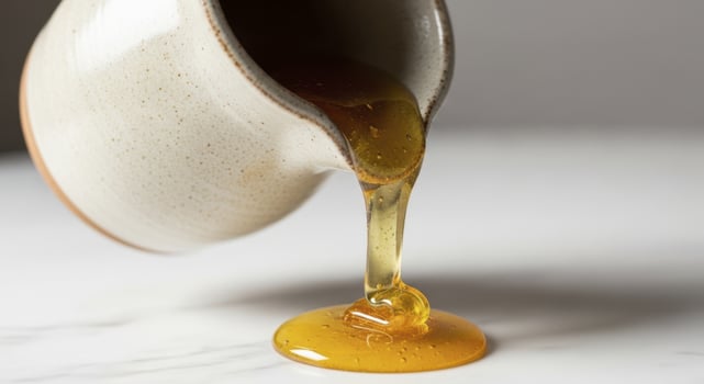 Golden honey pouring from a ceramic pitcher onto a white marble surface, close up photo