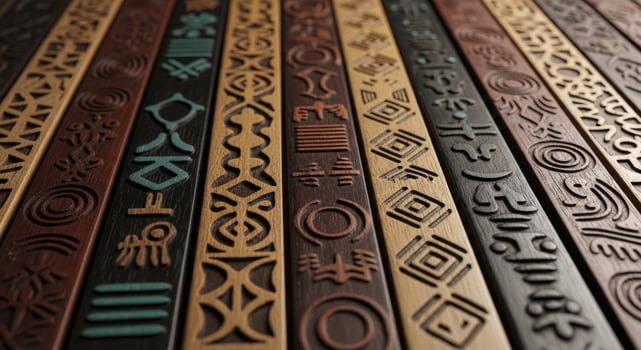Close up of intricately carved wooden panels with diverse tribal patterns photo