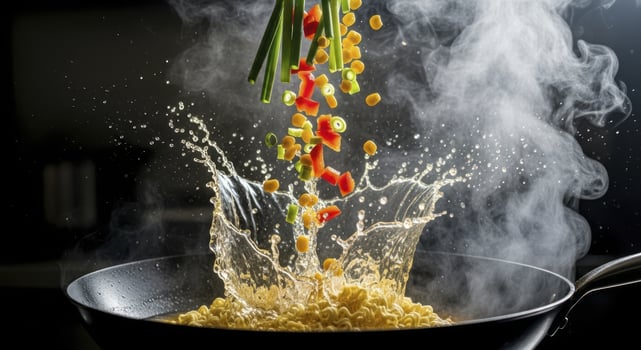 Dynamic cooking scene with vegetables falling into hot ramen noodles in a wok with steam and splash photo