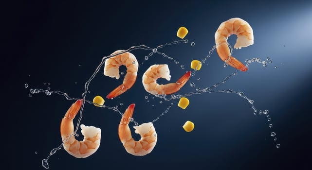 Dynamic shot of fresh peeled shrimp and sweet corn kernels with water splashes photo