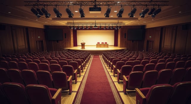 Empty grand lecture hall with red seats and stage ready for a conference or event photo