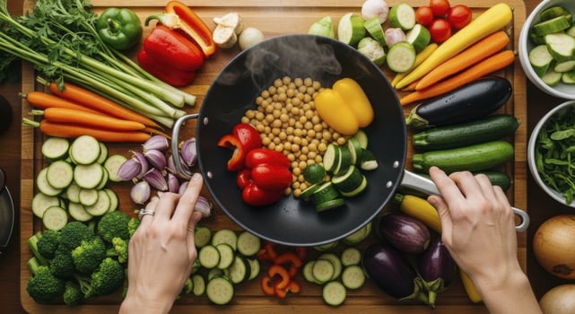 Overhead view of fresh colorful vegetables and a cooking pan with chickpeas and sliced vegetables on a wooden board photo