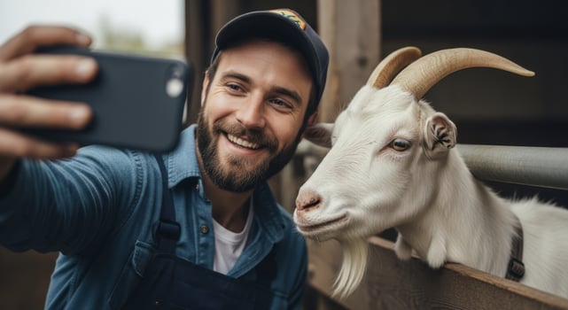 Smiling farmer taking a selfie with a white goat in a rustic barn photo