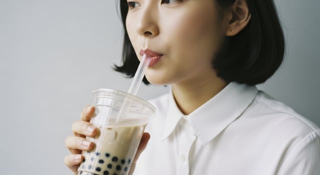 Young asian woman sipping refreshing iced bubble tea with tapioca pearls photo