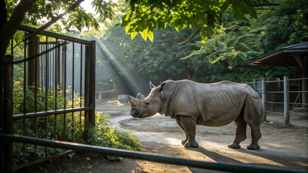 A rhinoceros is standing in front of a gate photo