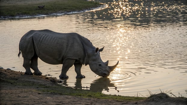 A rhino drinking water at sunset photo