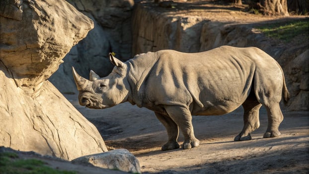 A rhino standing in a zoo enclosure near rocks photo