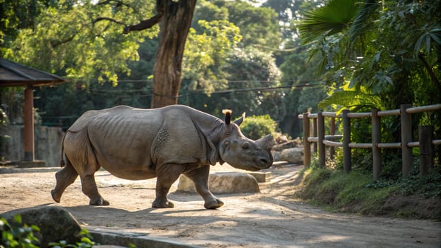 A rhino walking in a zoo enclosure photo