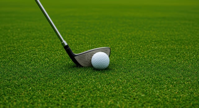 Golf ball and club resting on lush green grass ready for a swing on a sunny day perfect for sports and recreation themes photo