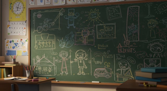 Charming classroom chalkboard scene brimming with colorful childrens drawings and playful educational elements photo