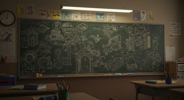 Whimsical drawings on a classroom chalkboard and artwork evoke a creative and playful atmosphere photo
