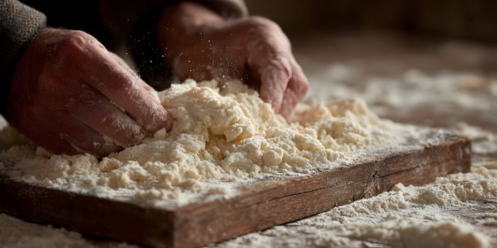 Closeup Hands Kneading Dough Flour Pastry Baking Wooden Board photo