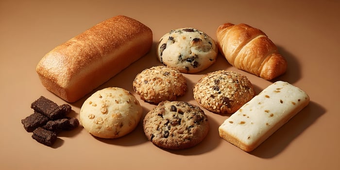 Assortment of Baked Goods Breads Rolls Cookies Croissant photo