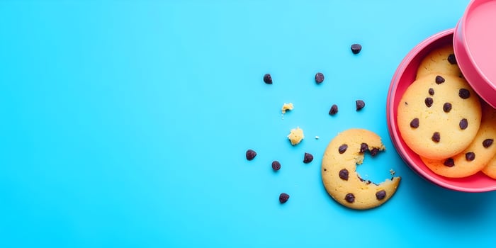 Delicious Chocolate Chip Cookies Pink Box Blue Background Sweet Treat Food Photography photo