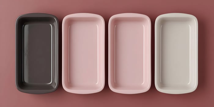 Four Empty Rectangular Ceramic Baking Dishes Brown Pink photo