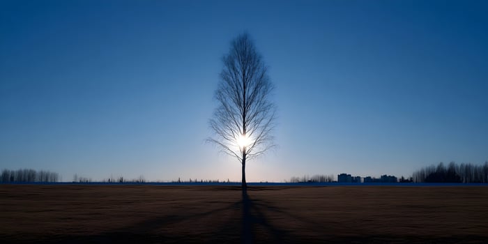 Silhouette of a leafless tree with sun shining through branches winter landscape background photo
