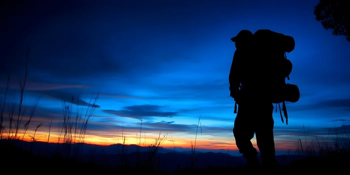 Silhouette of Backpacker at Sunset Mountain View Stunning Landscape Photography photo