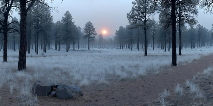Frosty Forest Sunrise Winter Landscape Pine Trees Frozen Grass Cold Morning photo
