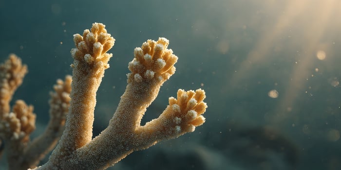 Underwater Closeup of Light Yellow Coral Branch in Ocean Sunbeams photo