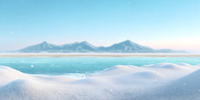 Snowy Beach Winter Scene Calm Ocean Mountains Background photo