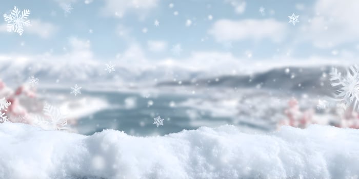 Snowy Winter Landscape with Falling Snowflakes and Mountain Background photo