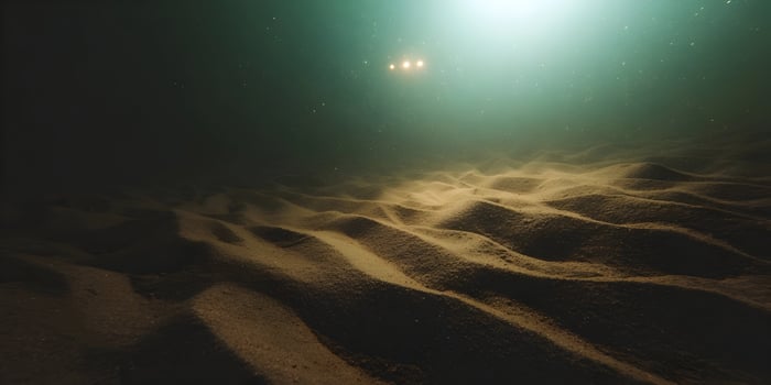 Underwater Sandy Ocean Floor Scene Dark Green Water Sunlit Rippled Sand Texture photo
