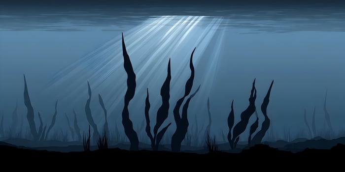 Underwater Scene Dark Blue Ocean Deep Sea Sunlight Rays Kelp Seaweed Illustration photo