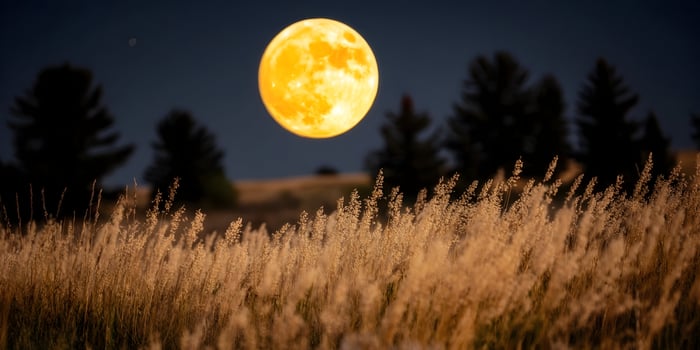 Bright Full Moon over Golden Grassland at Night photo