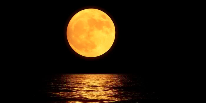 Large Orange Full Moon over Dark Ocean Water at Night photo