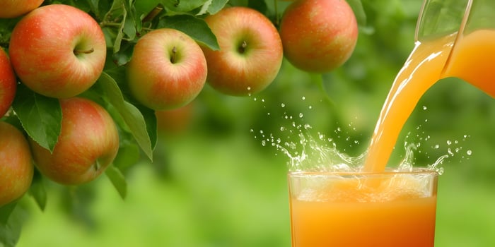 Fresh Apple Juice Pouring from Pitcher into Glass with Splashing Effect near Apple Tree photo