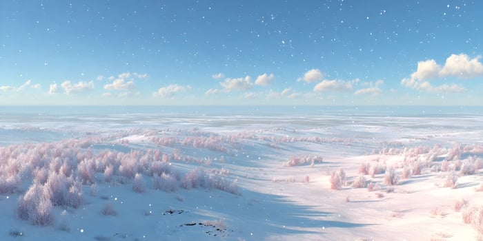 Snowy Landscape Winter Scene Pink Trees Frozen Plants Cold Weather Blue Sky photo