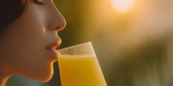 Woman Drinking Orange Juice at Sunset Closeup photo