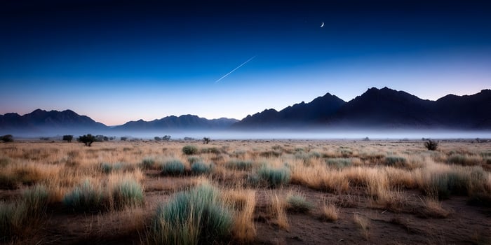 Desert Landscape Sunrise Foggy Mountains Crescent Moon Plane Trail photo