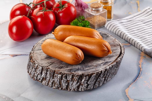 Three hot dogs on a wooden plate photo