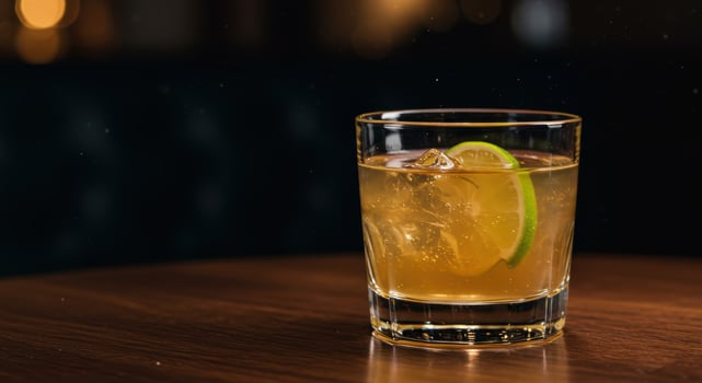 Delicious golden cocktail with ice and a lime slice sitting on a beautiful wooden surface photo