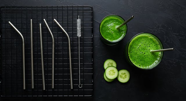 flat lay, reusable straw set on a rack photo